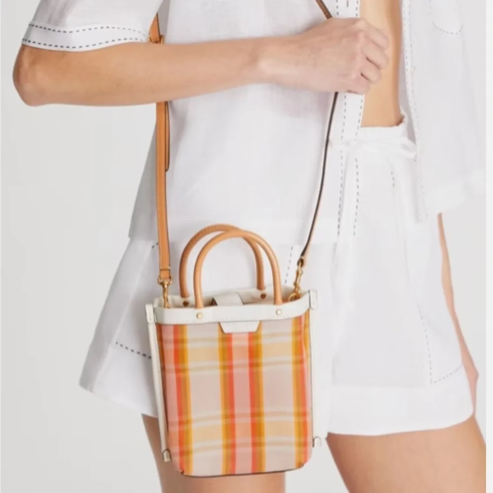 Tory Burch Mini Perry Mesh Tote Canyon Flower Plaid White Pink Tan Yellow Gold